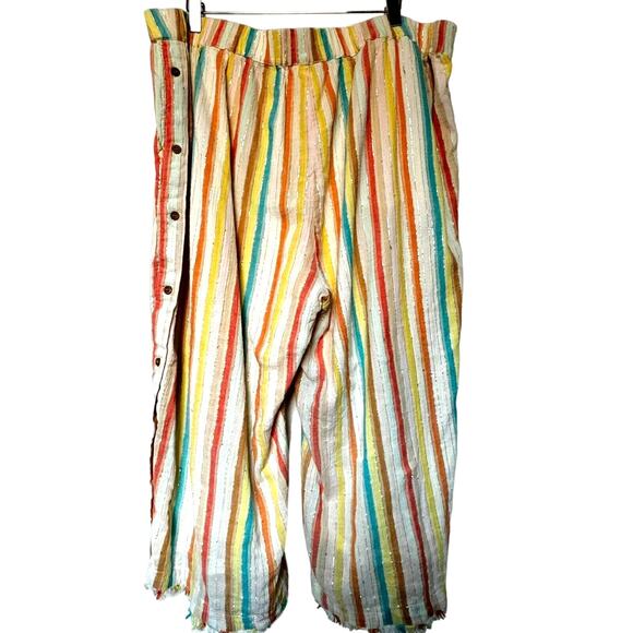 FOR THE REPUBLIC 2X Pastel Rainbow Stripe Metallic Boho Capri Pant Button Fringe - Picture 2 of 8